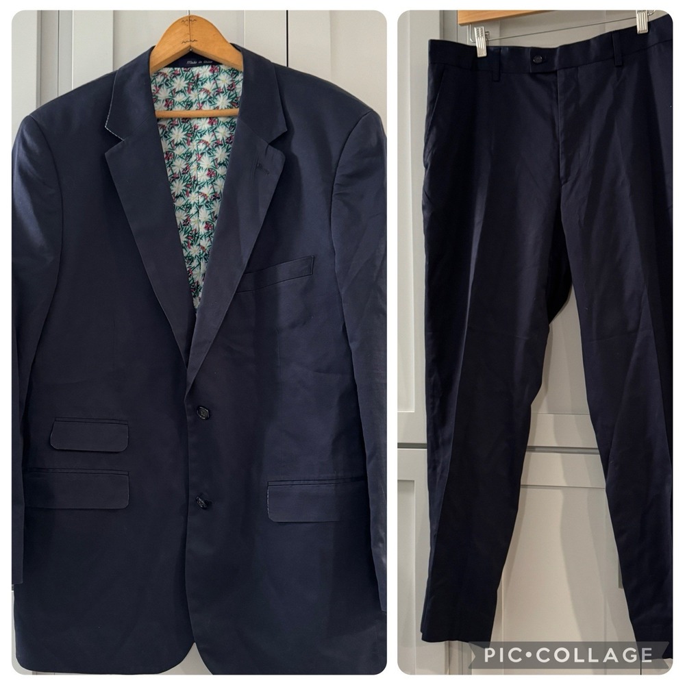 Alan Flusser Men's Navy Cotton Suit Jacketā 42L Pants 36x29 Classic Professional